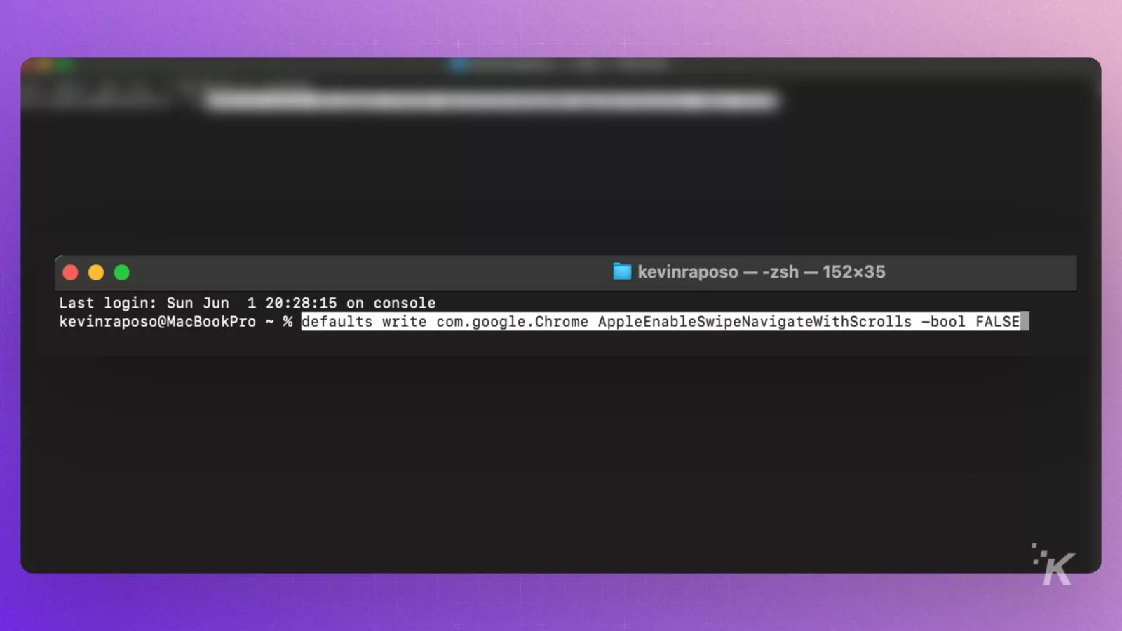 Terminal command to disable swipe navigation in Chrome.
