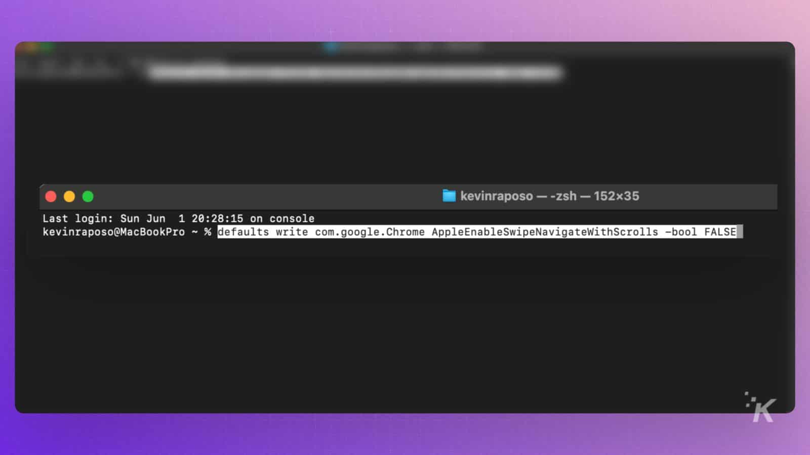 Terminal command to disable swipe navigation in Chrome.