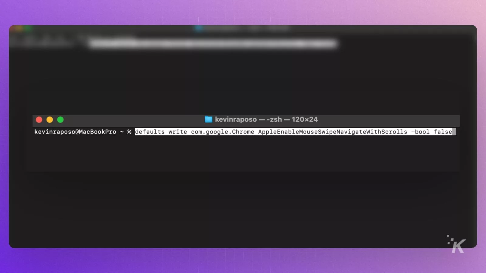 Terminal command to disable mouse swipe in Chrome.
