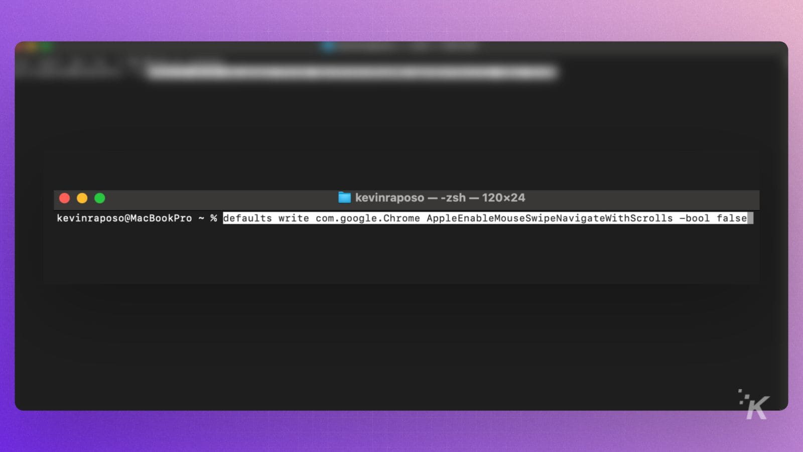 Terminal command to disable mouse swipe in Chrome.
