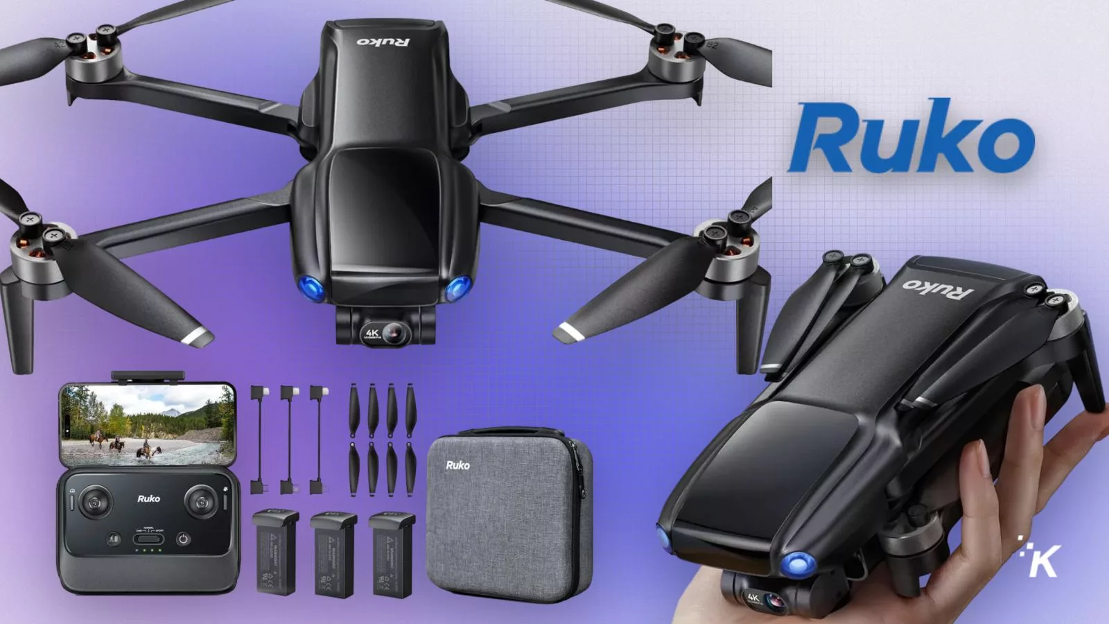 Ruko drone with accessories, remote, and carrying case.