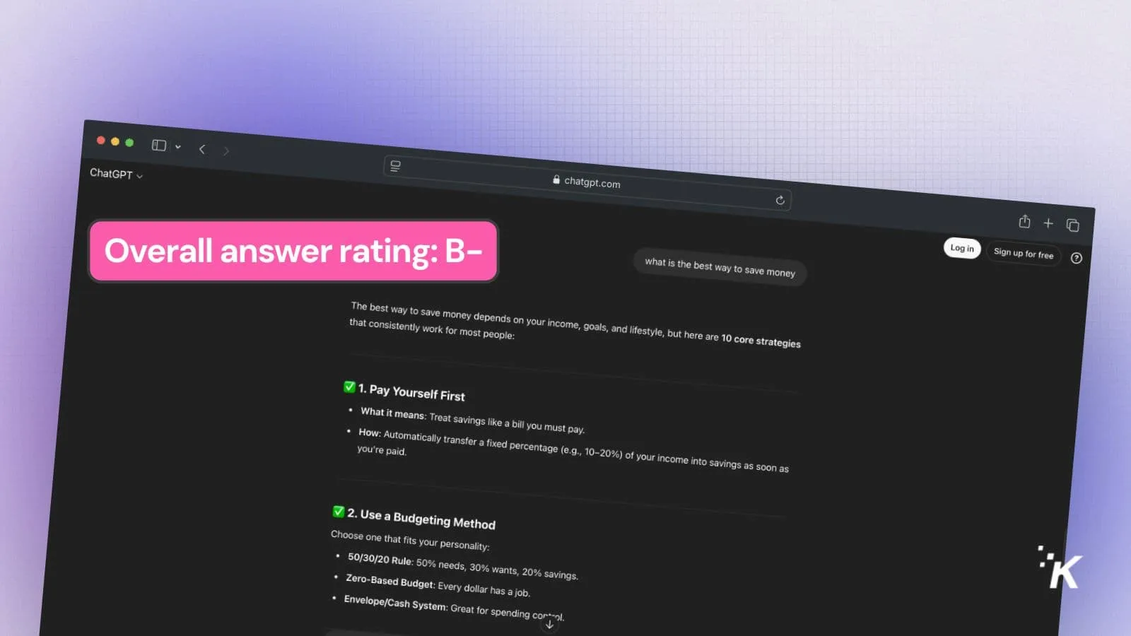 Screenshot of ChatGPT interface with B- rating.