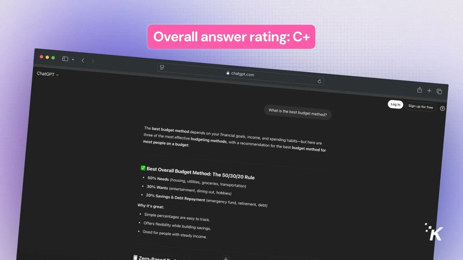 ChatGPT budget tips screen with C+ rating.