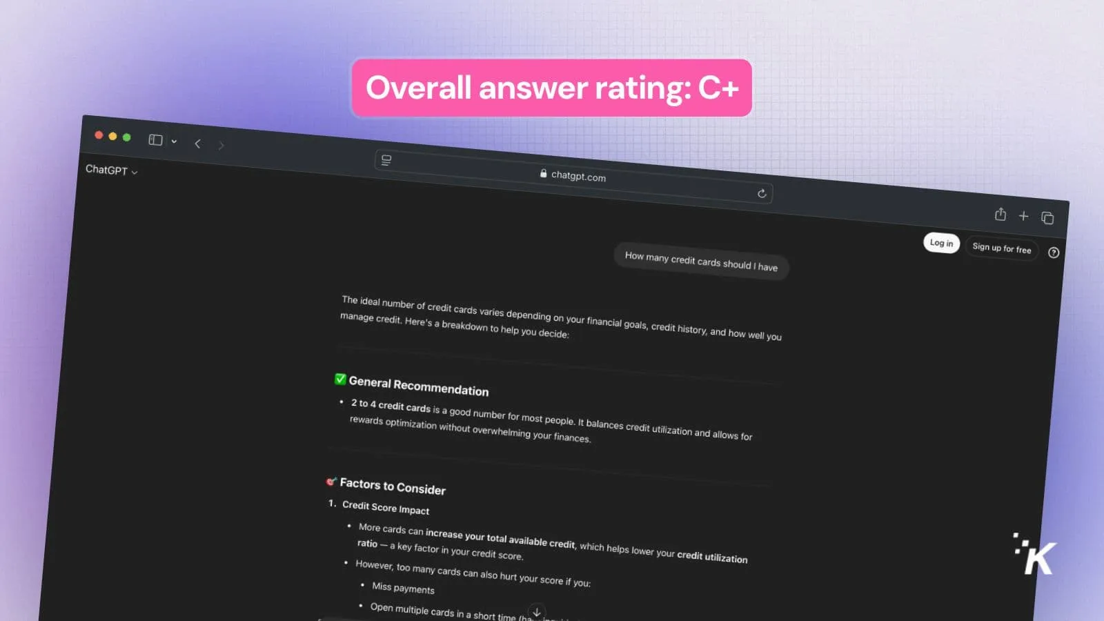 Credit card advice webpage with C+ rating.