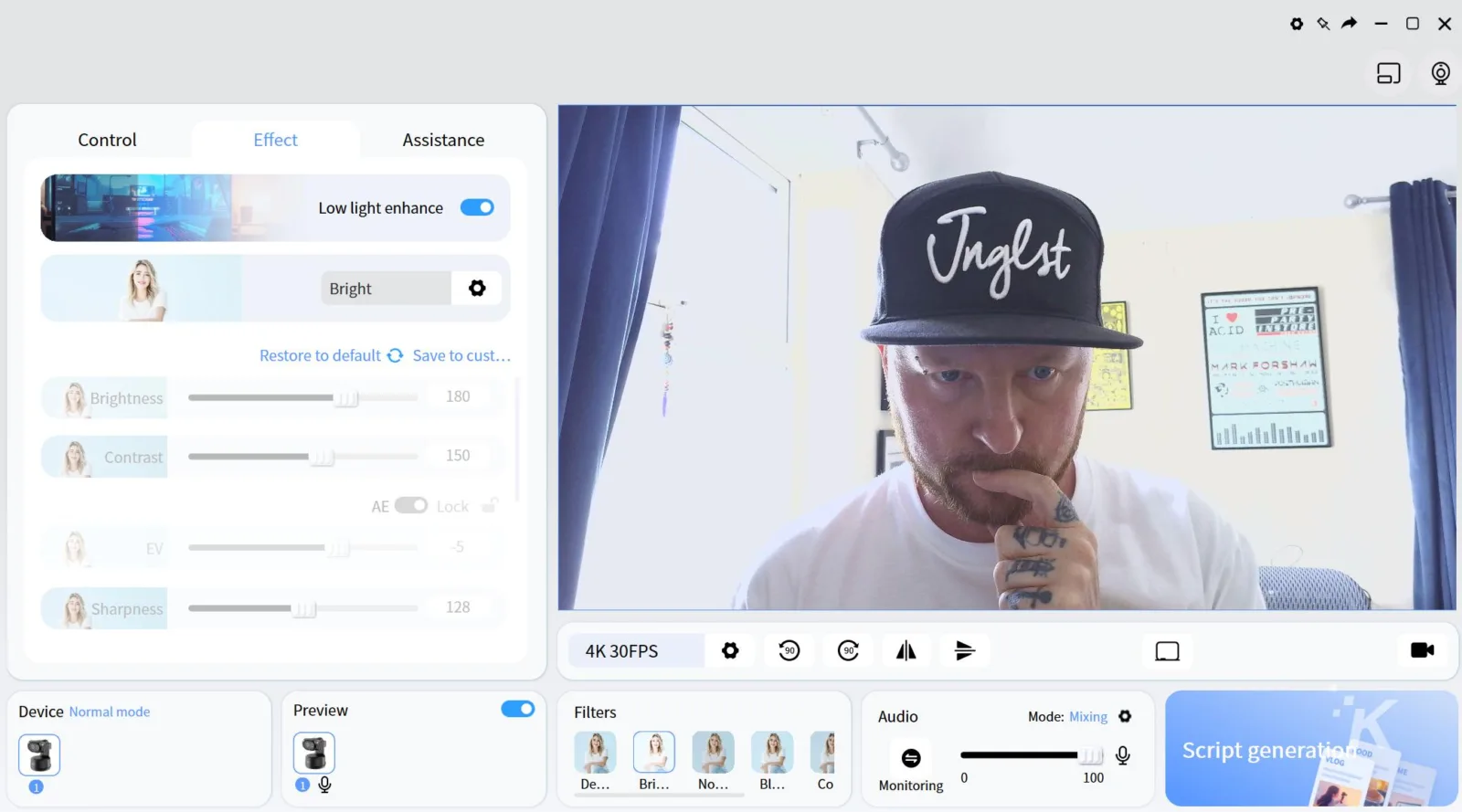 Video editing software interface with user in frame.