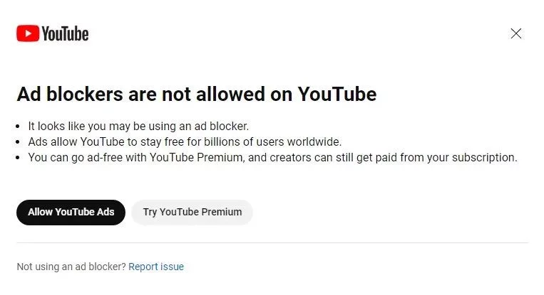 Ad blocker warning message on YouTube.