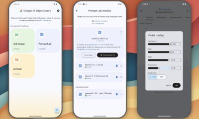 Google AI Edge Gallery interface on three phones.