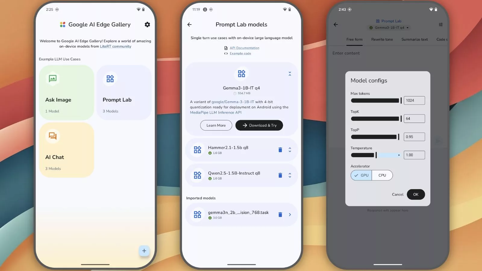 Google AI Edge Gallery interface on three phones.