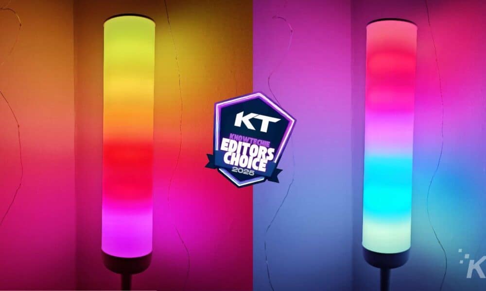 Colorful gradient lamps with award badge.