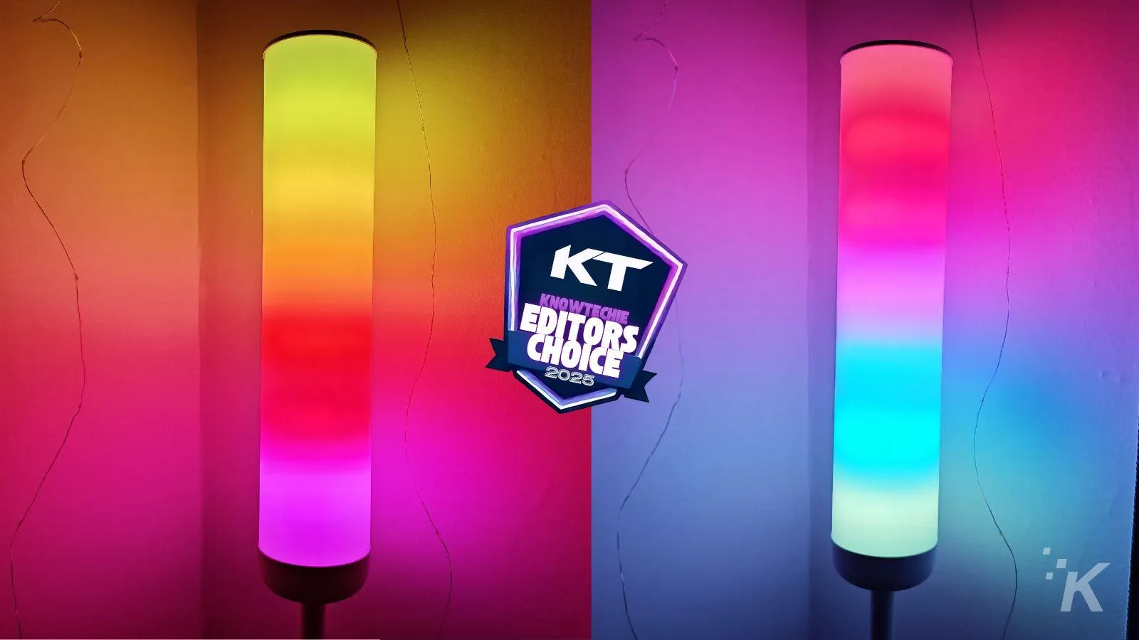 Colorful gradient lamps with award badge.