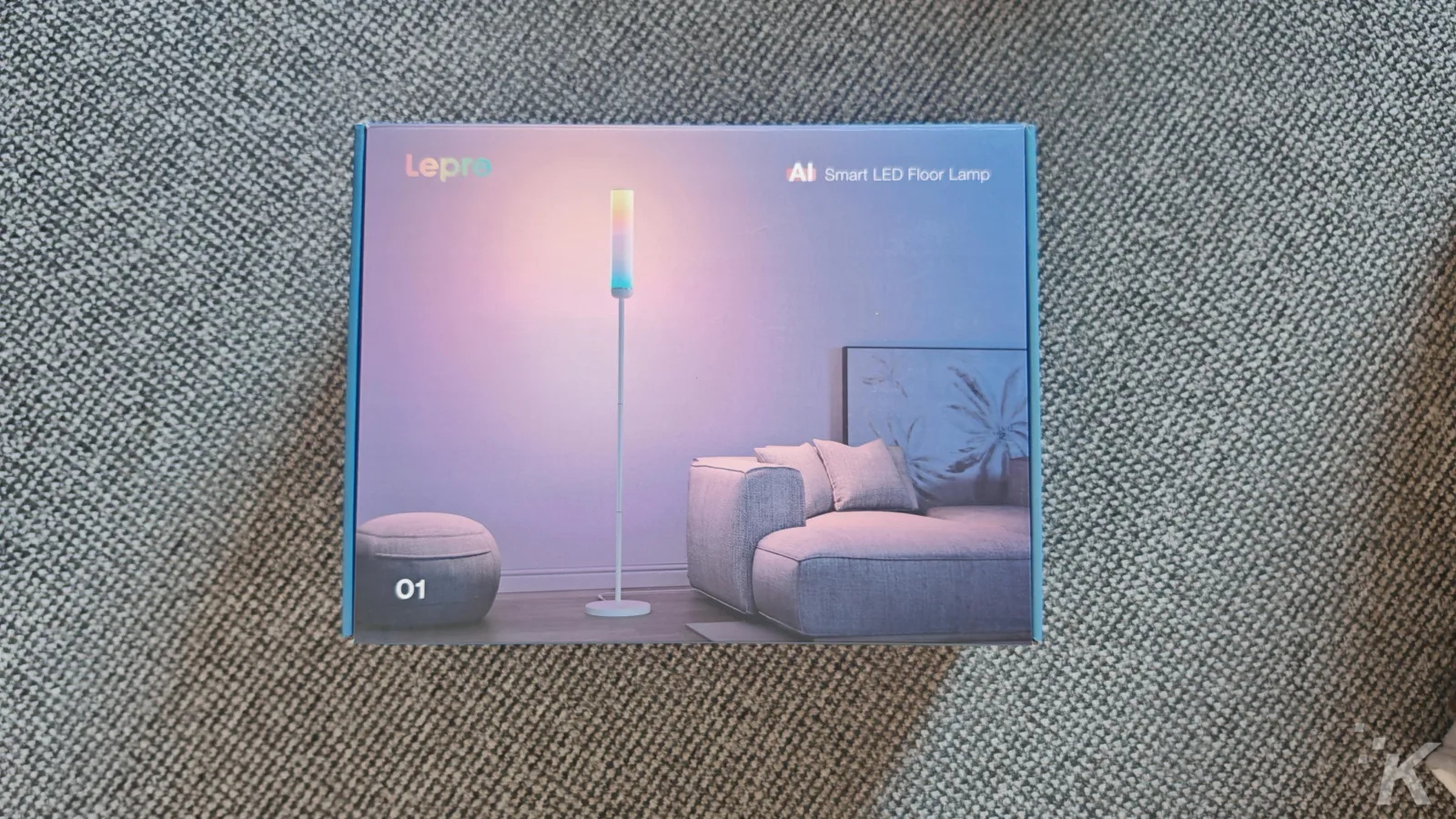 Lepro AI Smart LED Floor Lamp package on carpet.