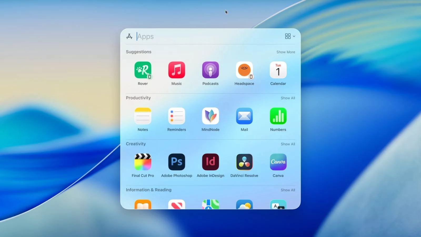 App launcher displaying various productivity and creativity tools.