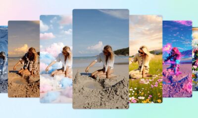 Woman in various scenes, including beach and fantasy.