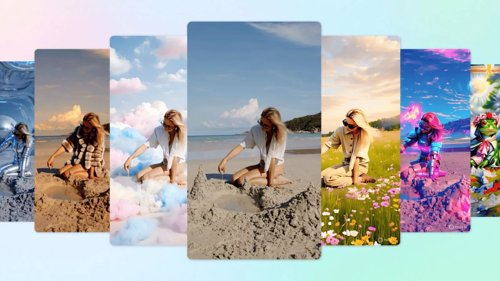 Woman in various scenes, including beach and fantasy.