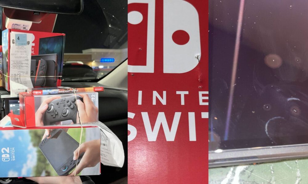 Nintendo Switch console and accessories in car.