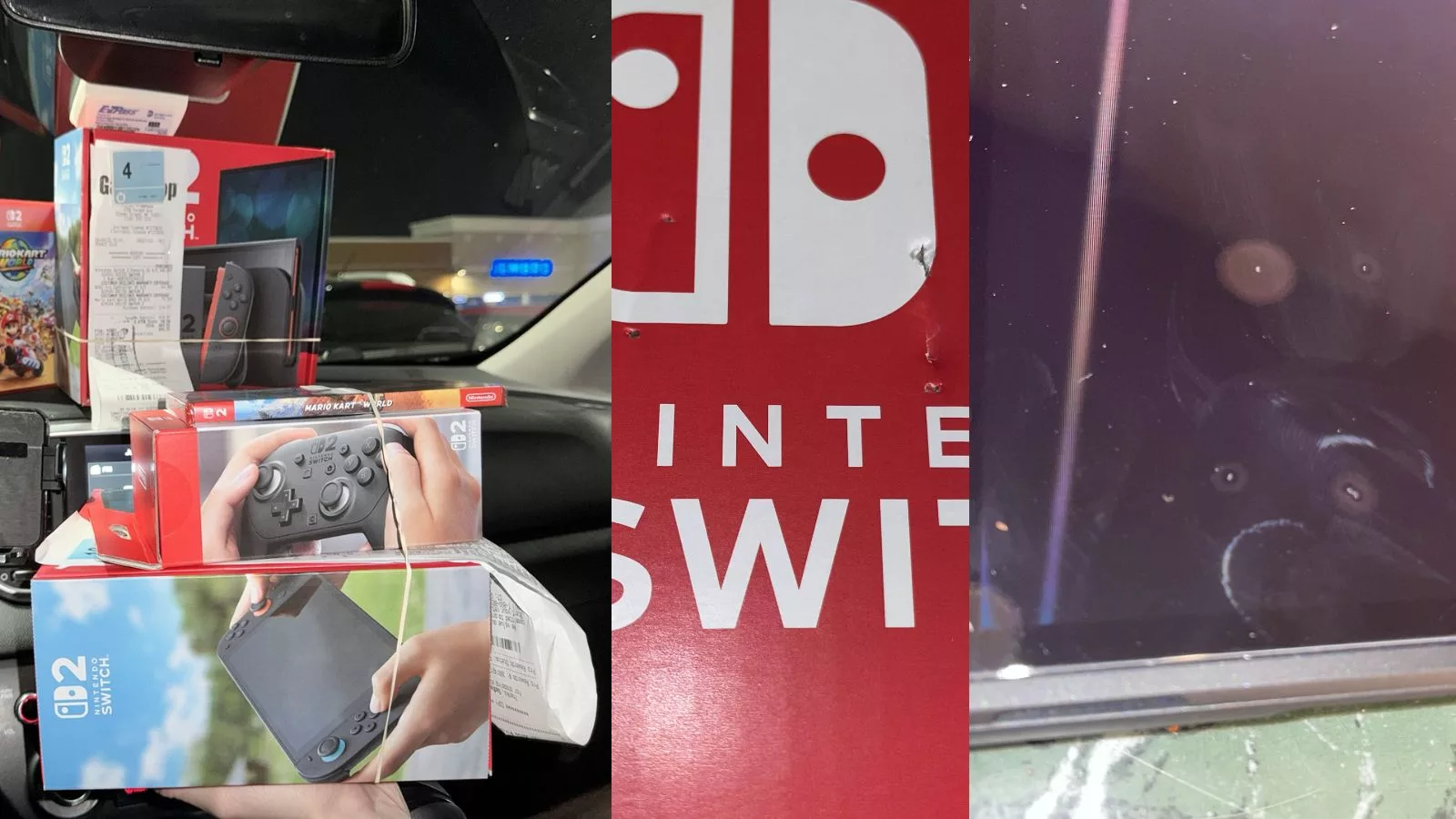 Nintendo Switch console and accessories in car.