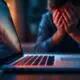 Frustrated person near laptop with error screen.