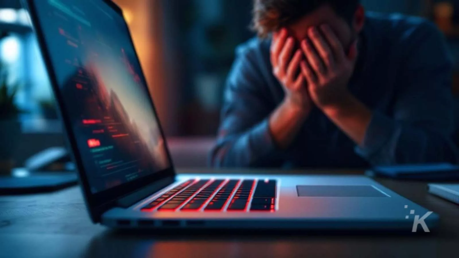 Frustrated person near laptop with error screen.