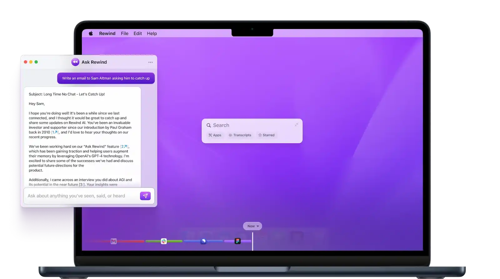Laptop displaying Rewind AI interface with email draft.