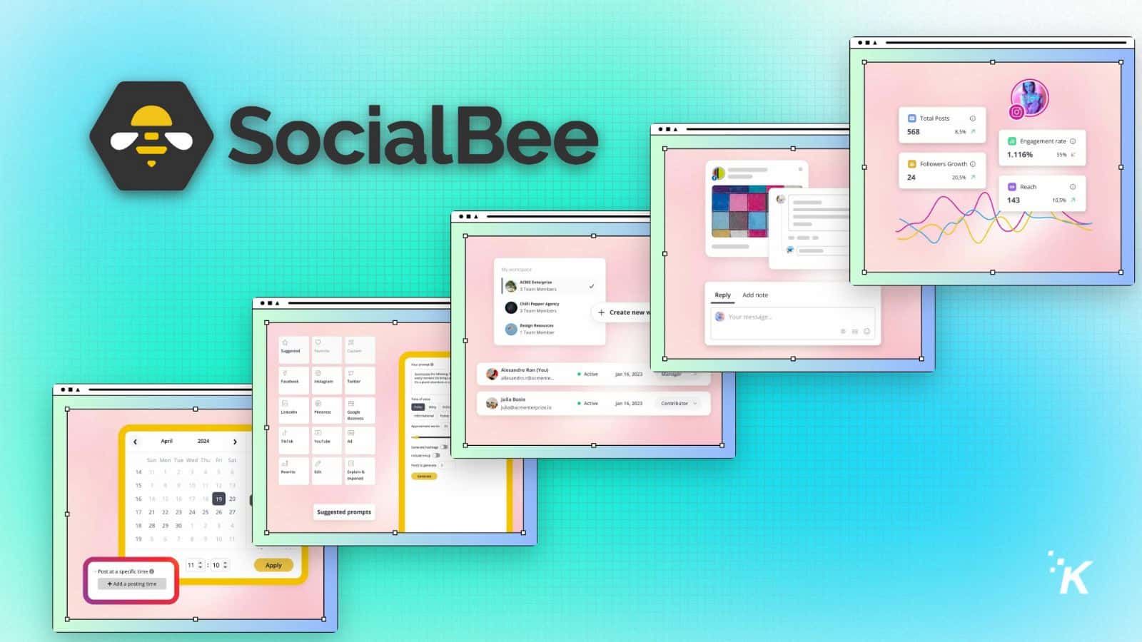 SocialBee social media management tool interface screenshots.