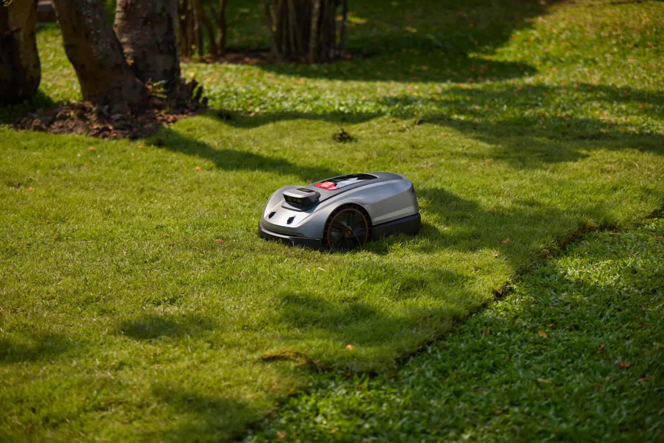 Automated lawn mower cuts grass in yard