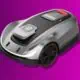 Smart robotic lawn mower on pink background.