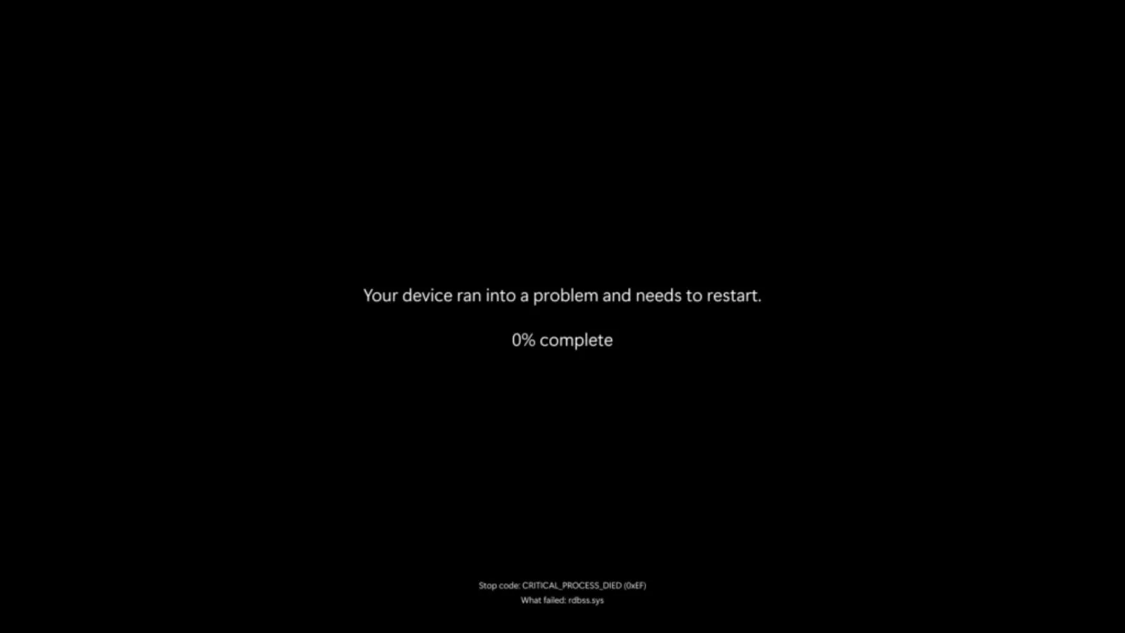 Device error screen, system restart required.