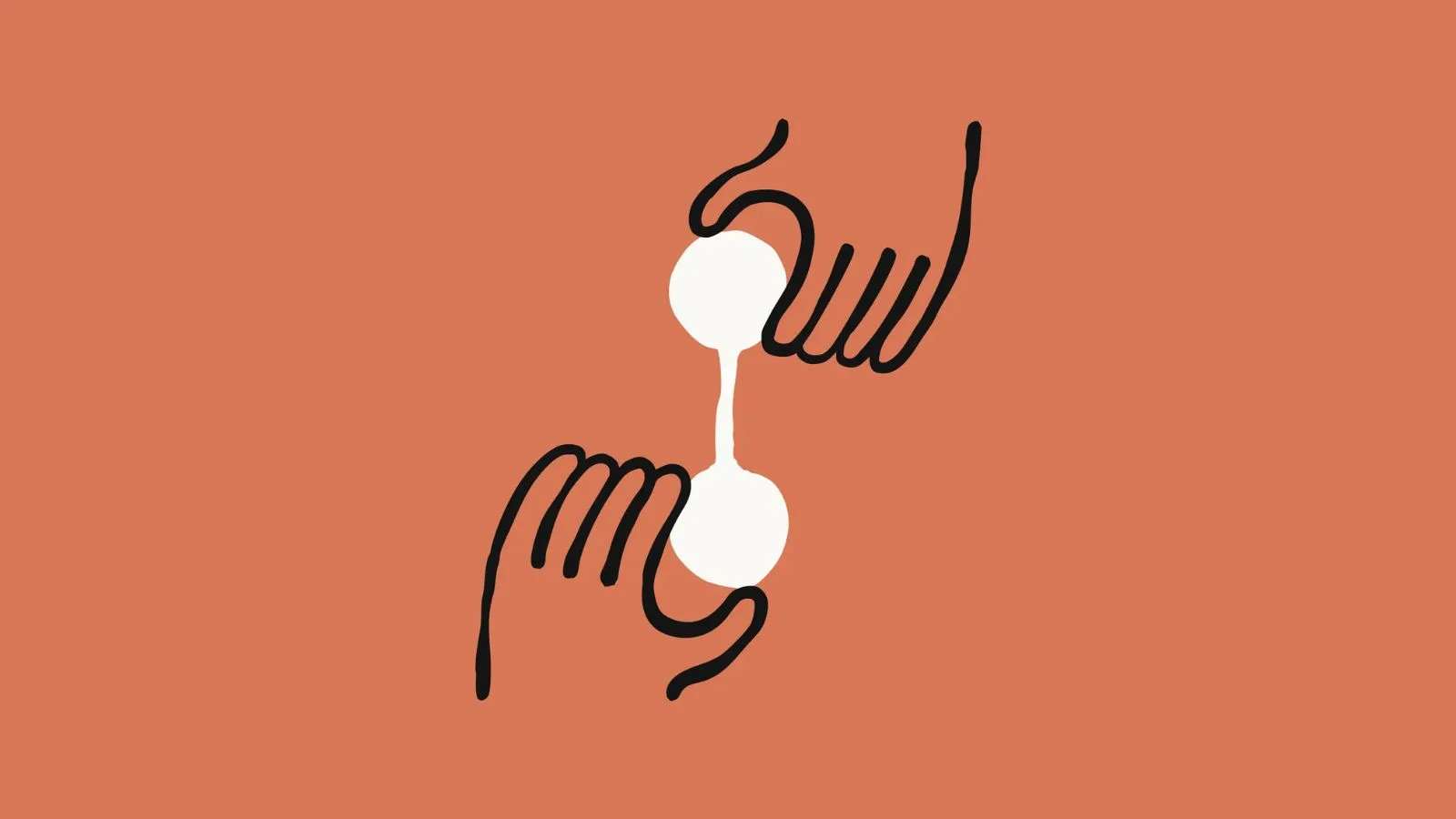 Abstract hands holding white spheres on orange background.