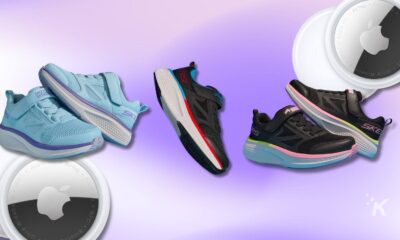 image displaying a row of skeckers airtag snaekers on a purpel background