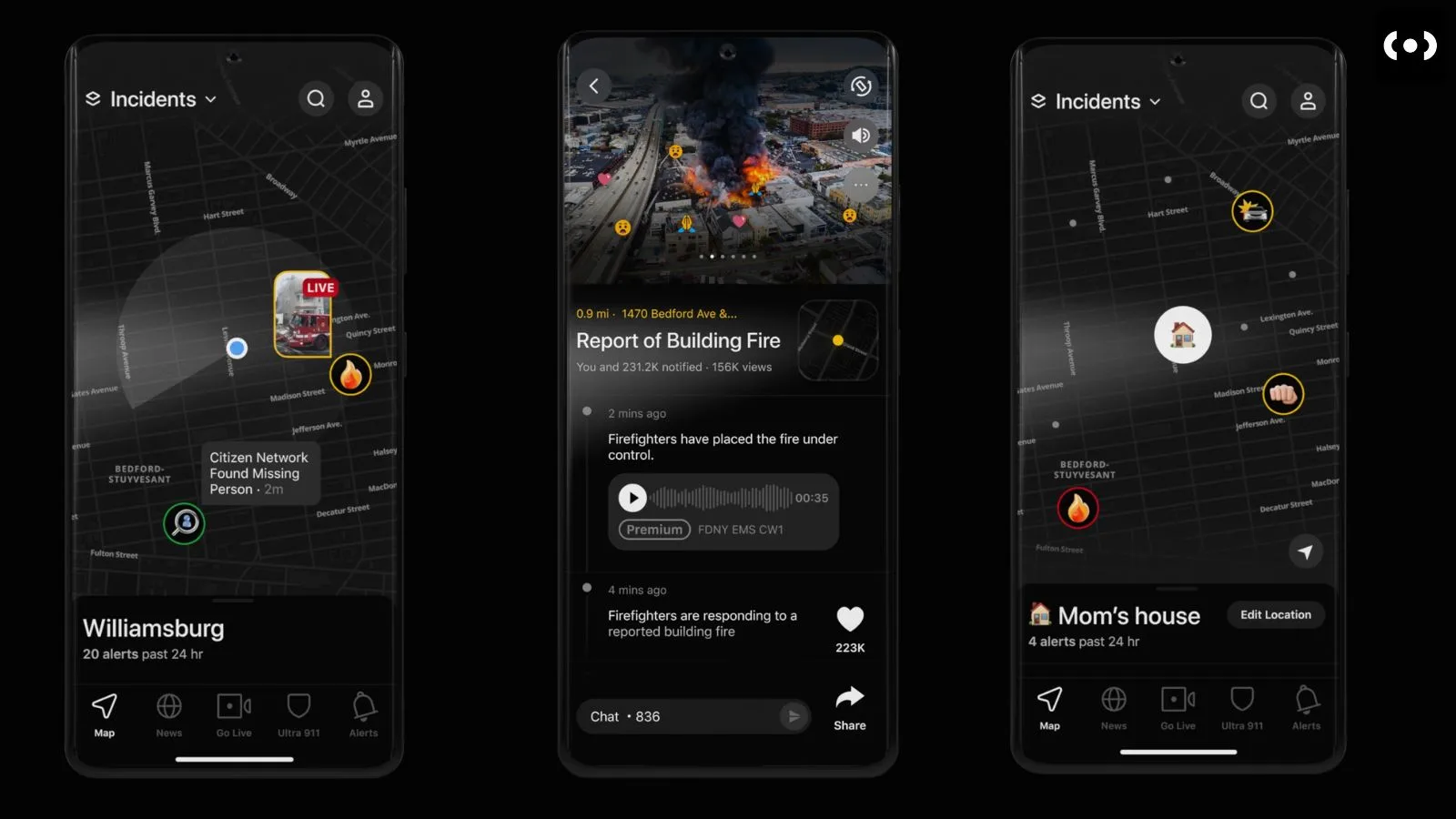 Citizen app showing live incident reports and alerts.