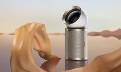 Modern air purifier with fabric in desert setting.