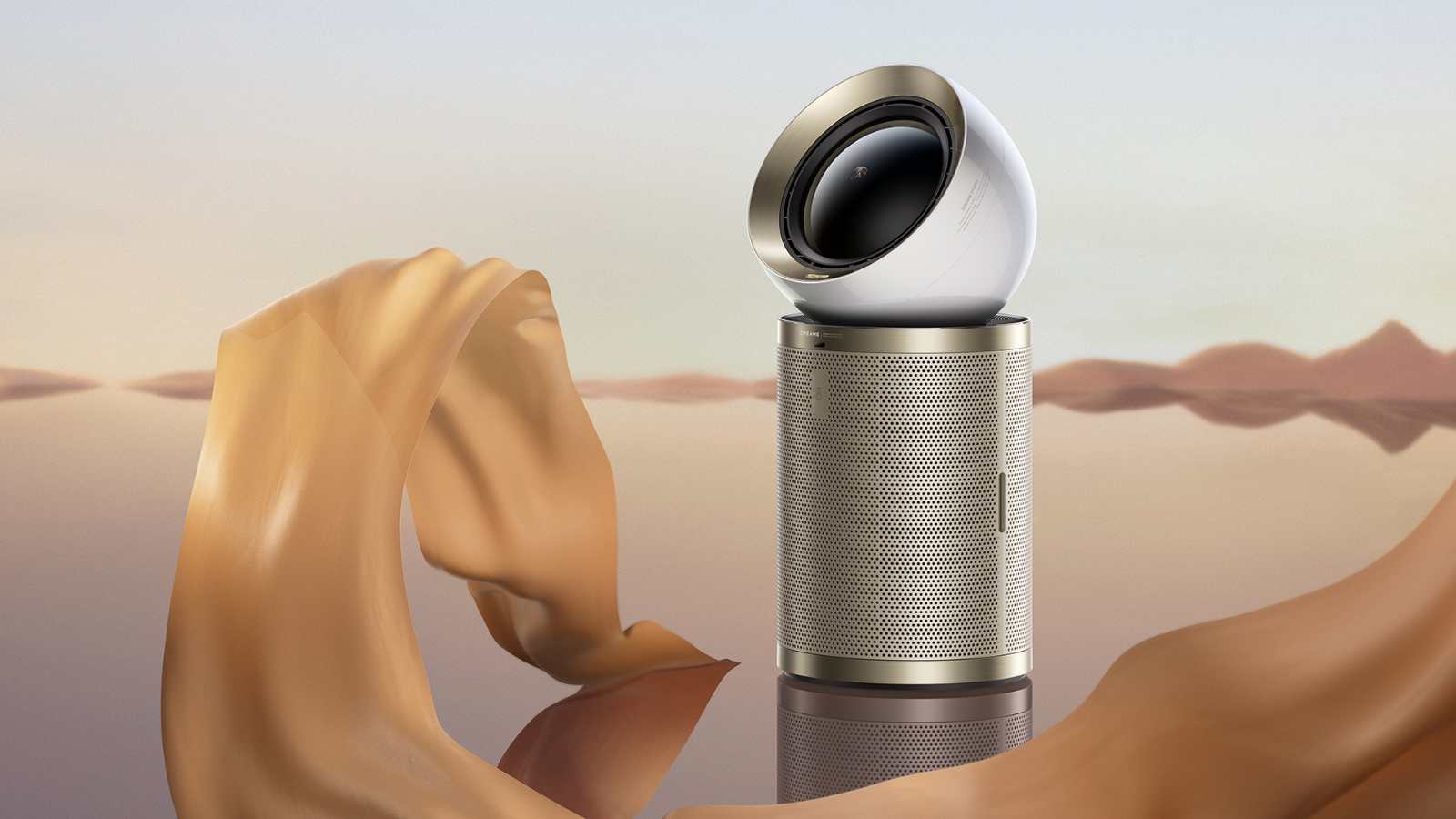 Modern air purifier with fabric in desert setting.