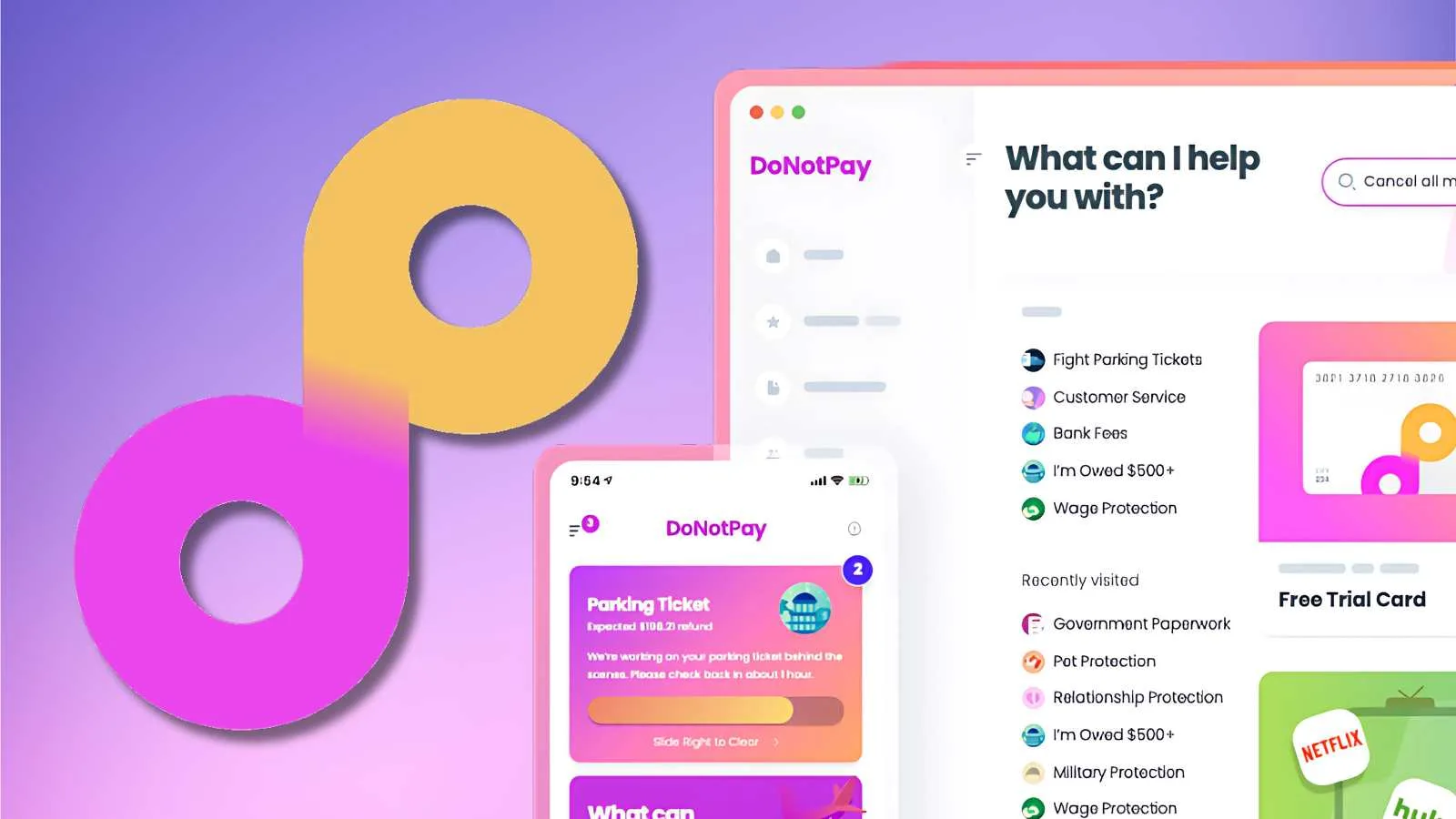 DoNotPay app interface and logo