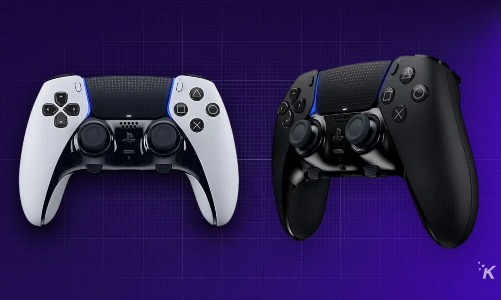 Two black and white game controllers on a purple background.