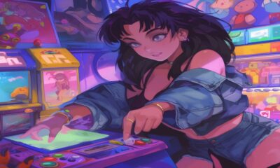 Anime character playing arcade game
