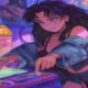 Anime character playing arcade game
