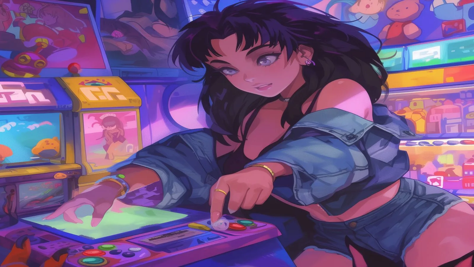 Anime character playing arcade game