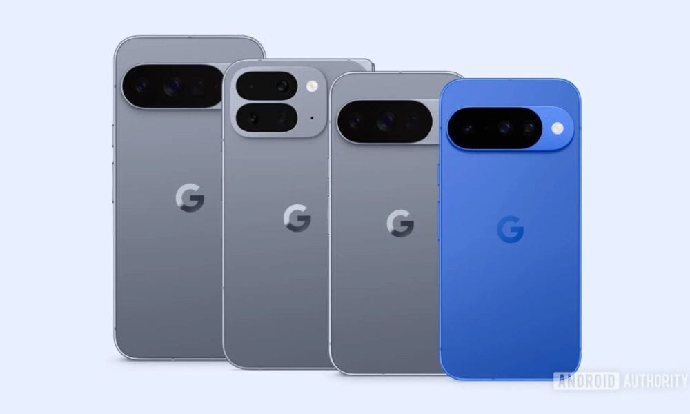 Lineup of four Google smartphones in different sizes.
