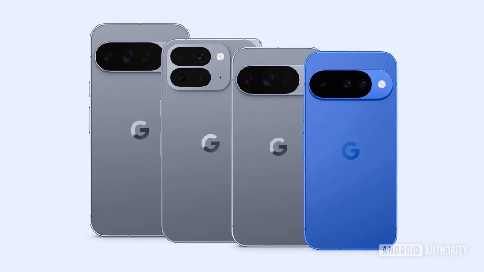 Lineup of four Google smartphones in different sizes.