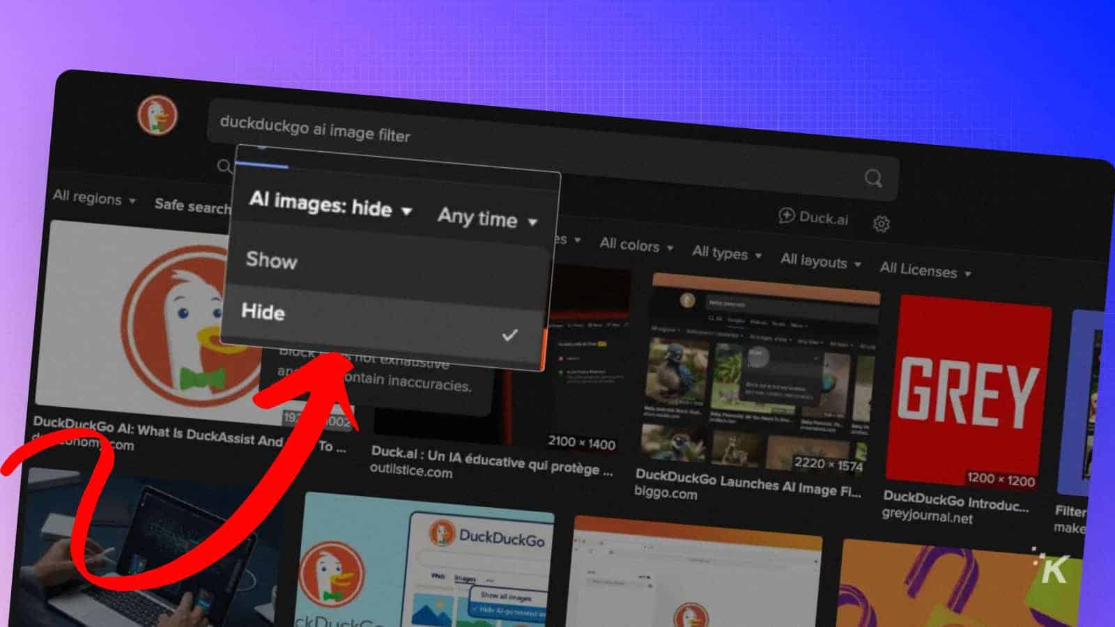 DuckDuckGo AI image filter options displayed.