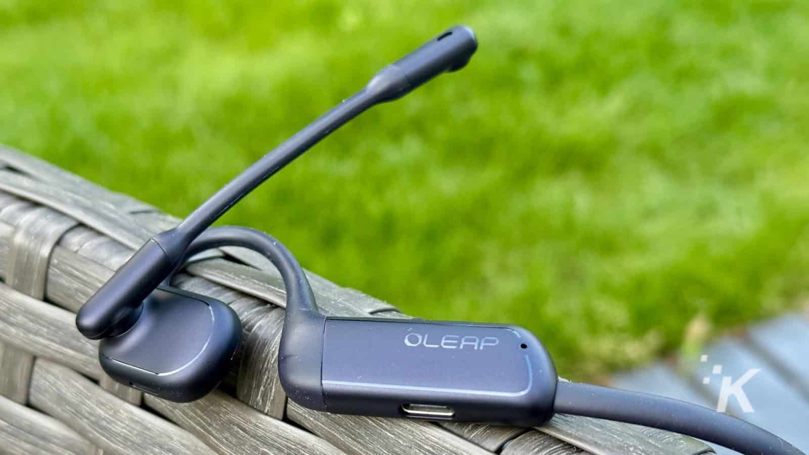 Oleap headset on wicker furniture outdoors