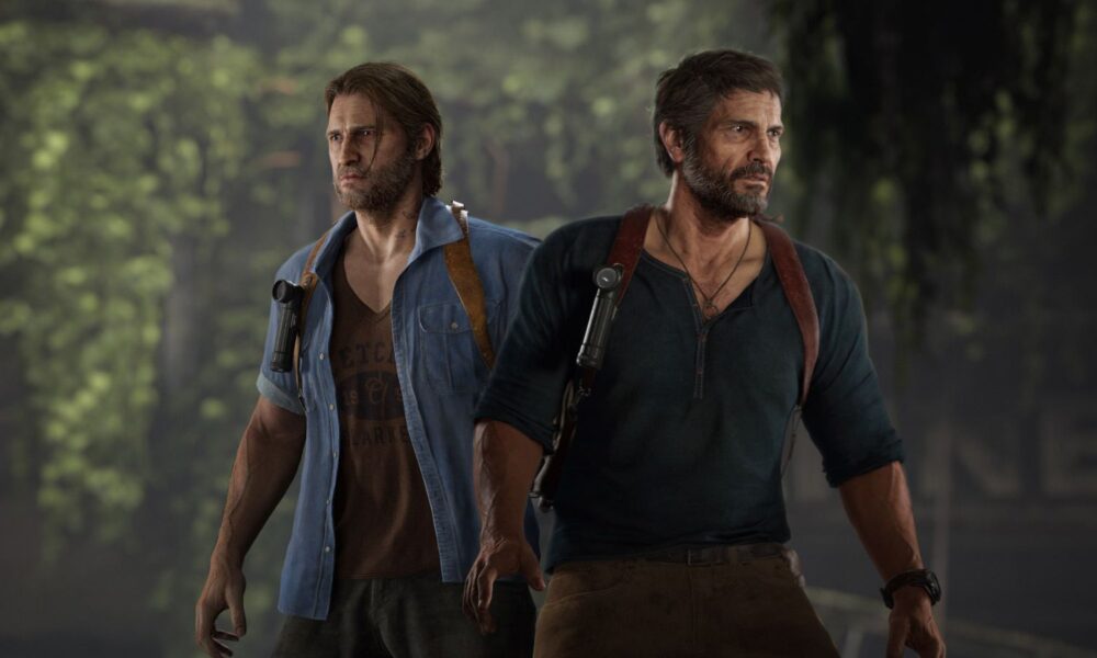 Two men standing with intense expressions in forest.