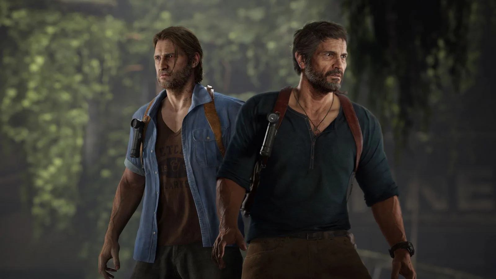 Two men standing with intense expressions in forest.