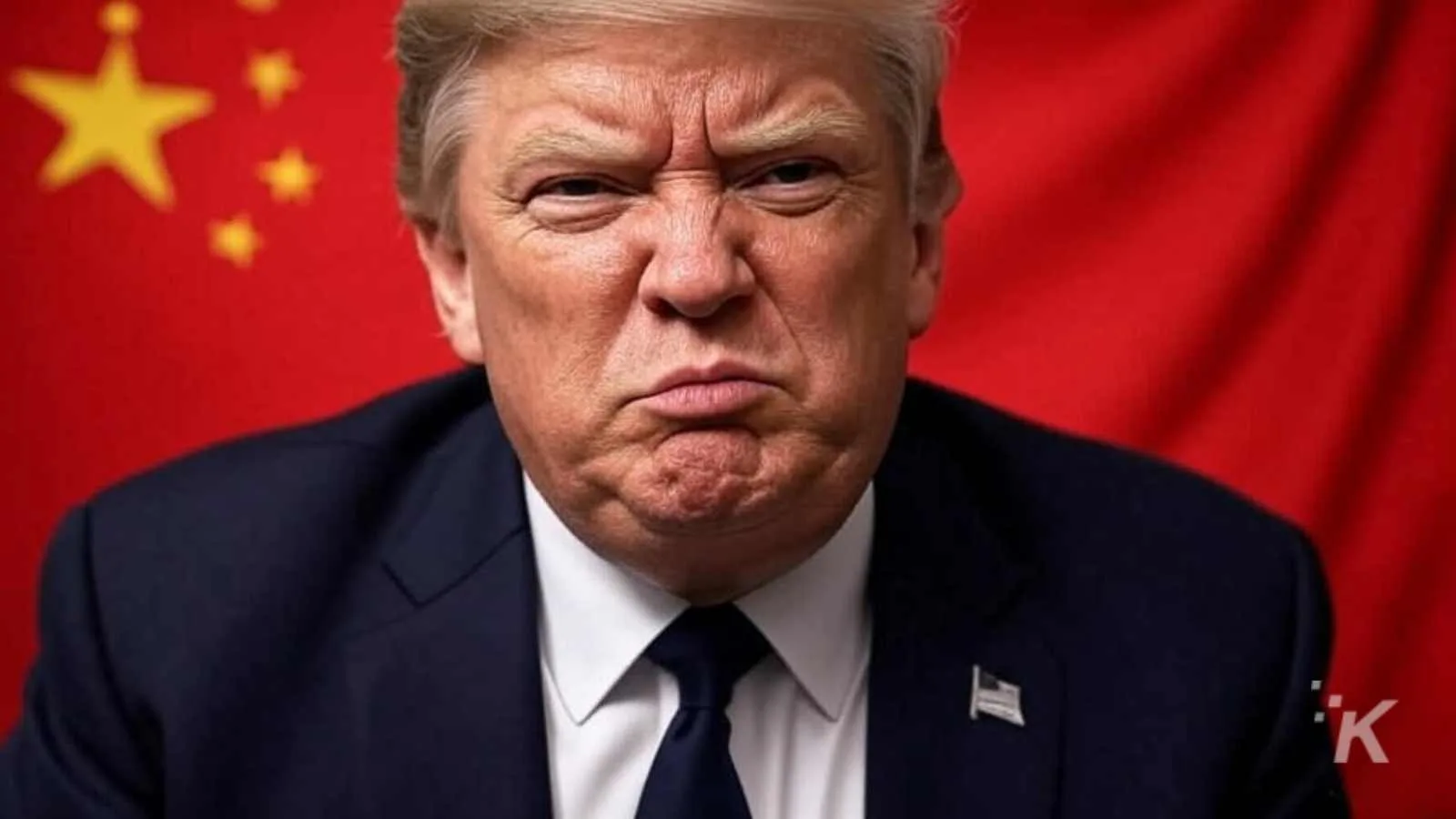 Trump in suit with China flag background