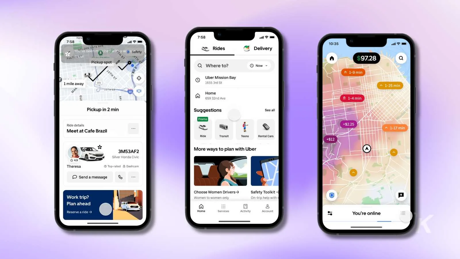 Uber app interface showing rides, maps, suggestions