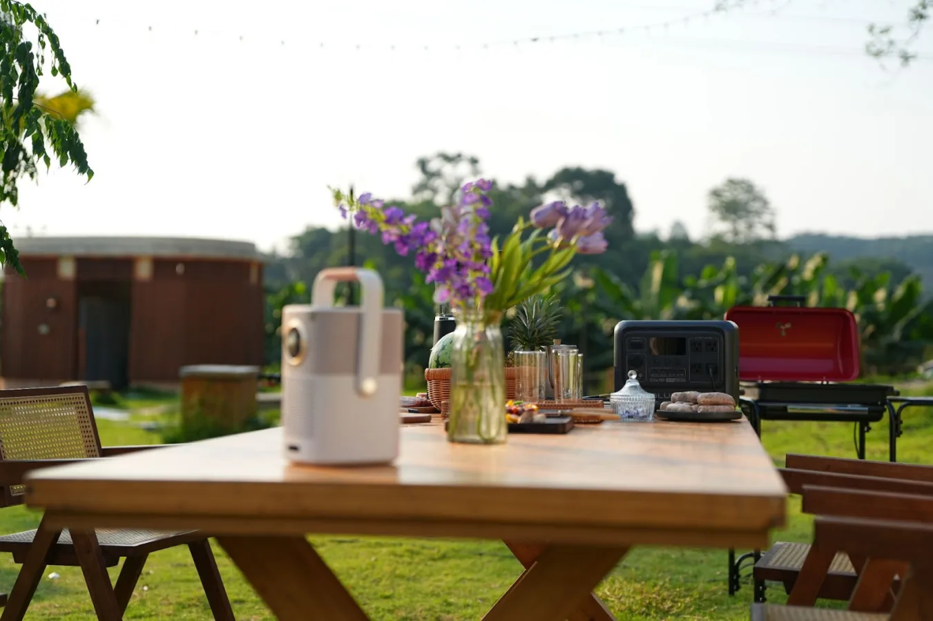 Outdoor picnic table with flowers and drinks