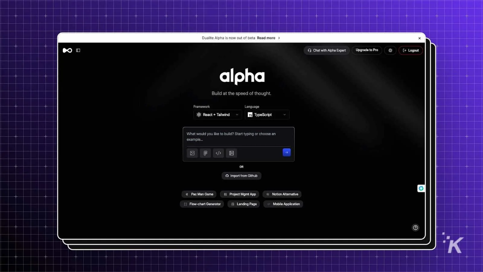 Alpha app interface for web development