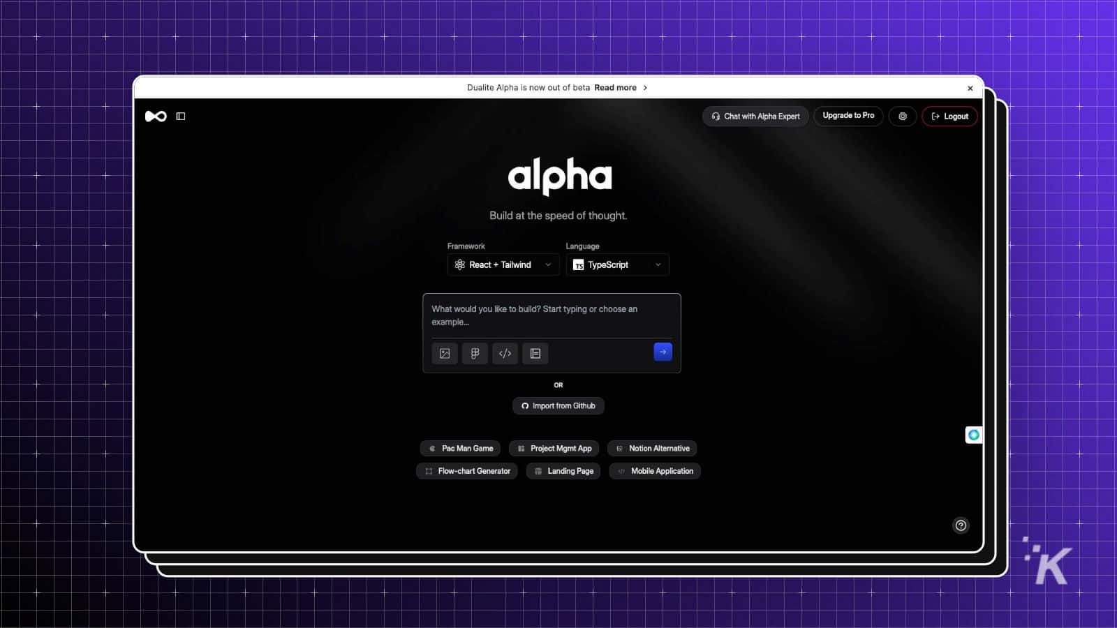 Alpha app interface for web development