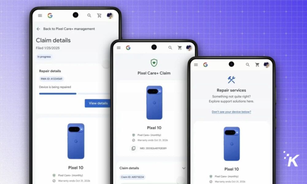 Pixel Care+ claim and repair services screens.