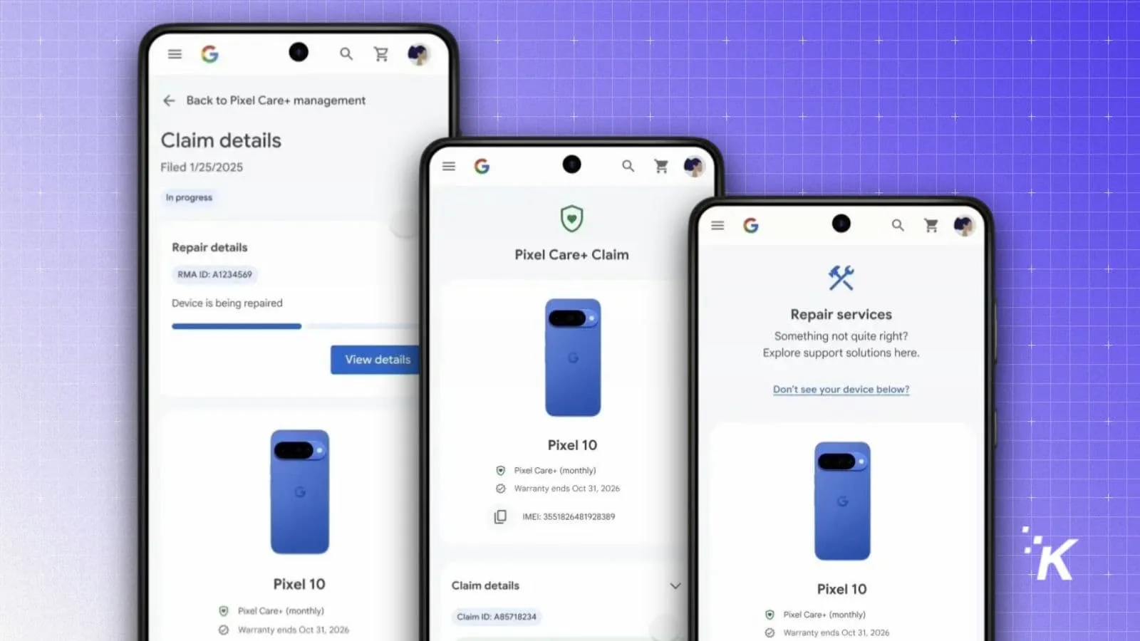 Pixel Care+ claim and repair services screens.